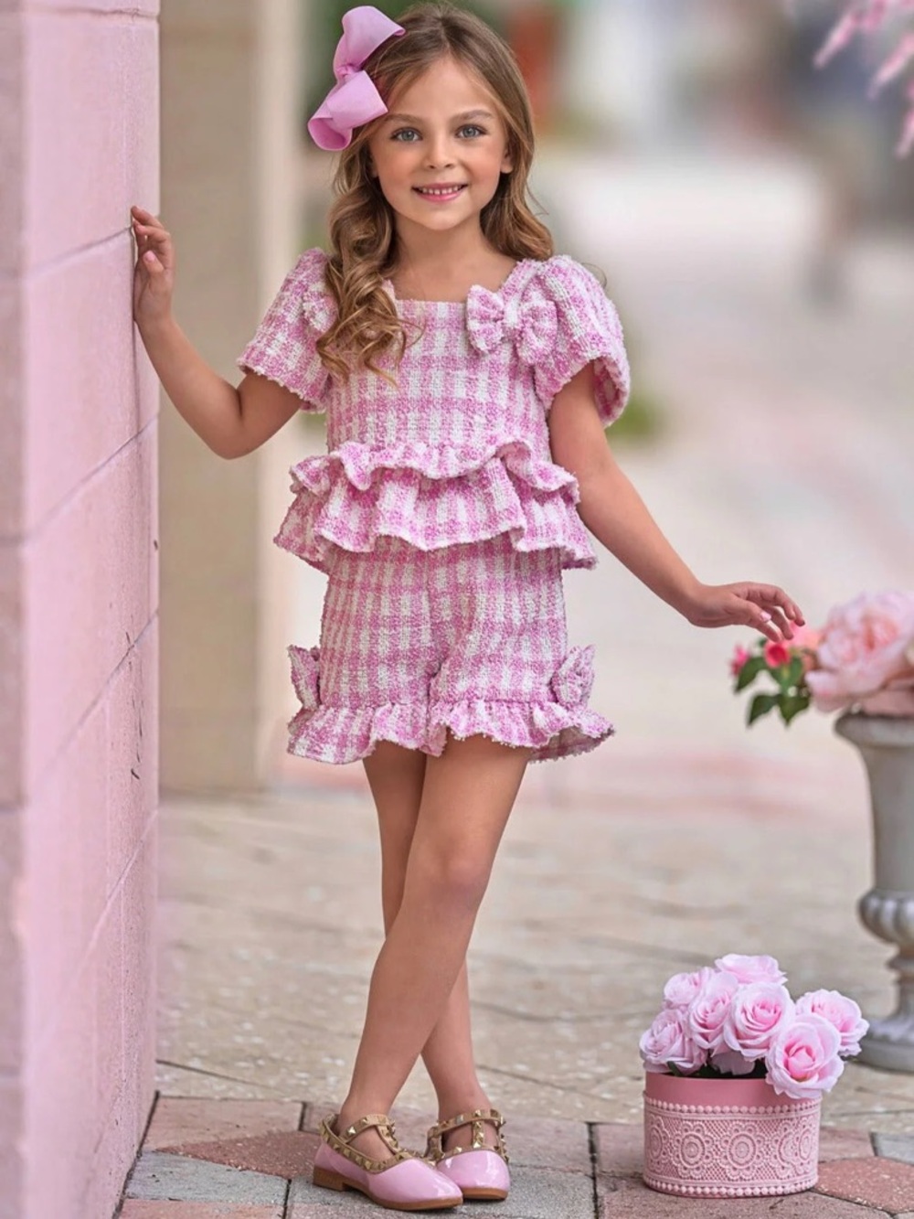 Kids Pink Gingham Ruffle Matching Set - Picture 2 of 11